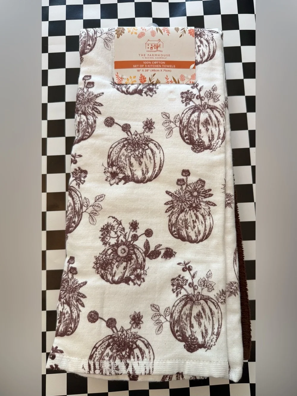 The Farmhouse Collection Pumpkin Print Cotton Kitchen Towels - Brown/White